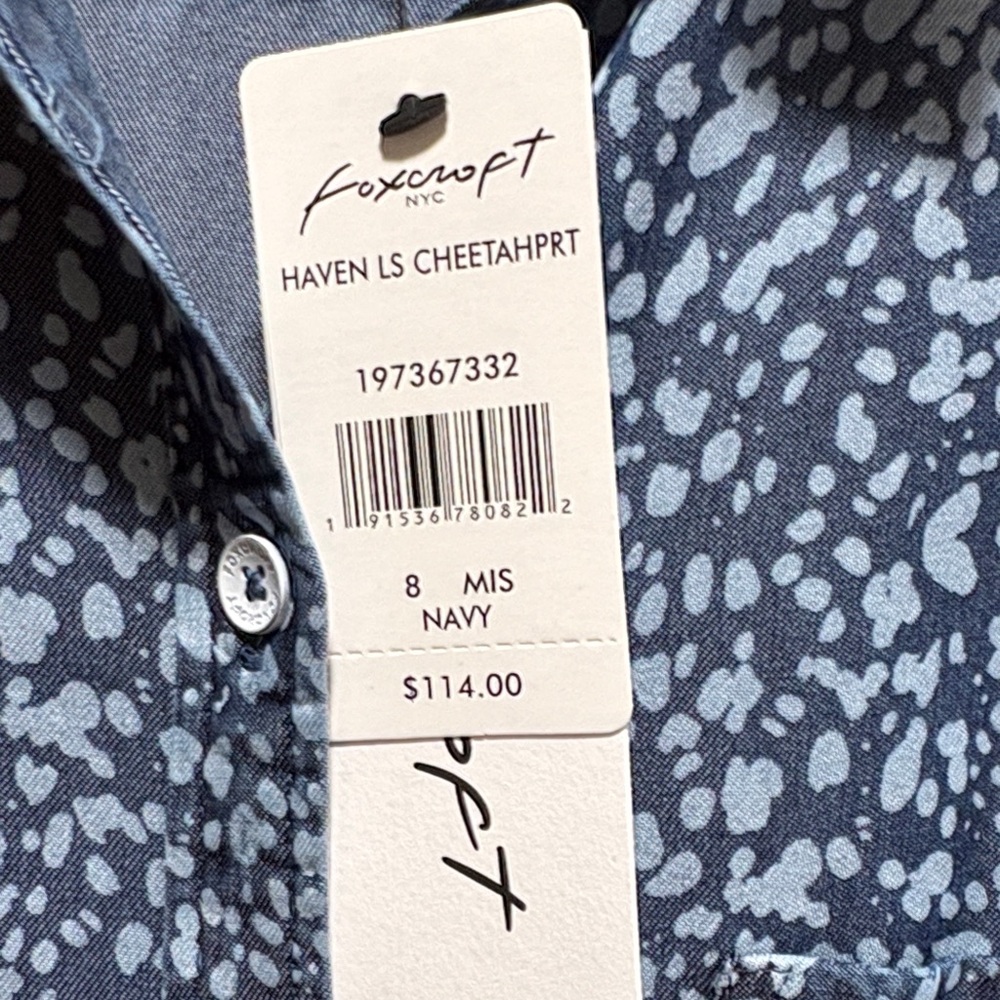 Foxcroft Navy Blue Printed Button-Down Shirt - Picture 7 of 11